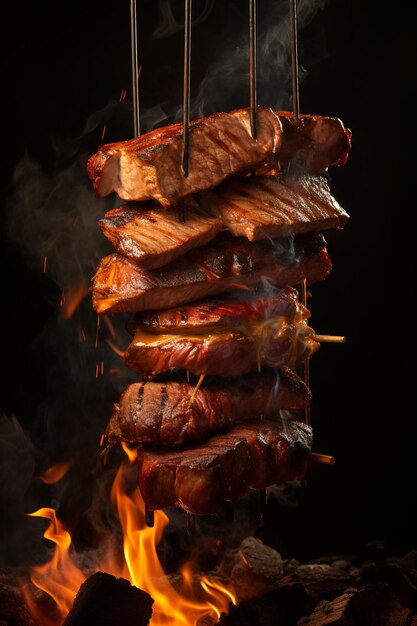 Foto de afbeelding toont het tedere en dunne gerookte vlees