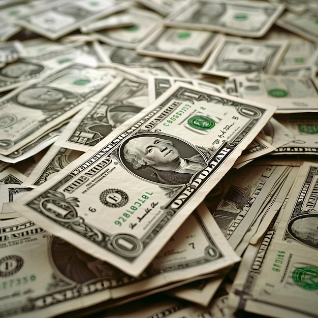 De afbeelding toont talloze Amerikaanse dollars op een tafel