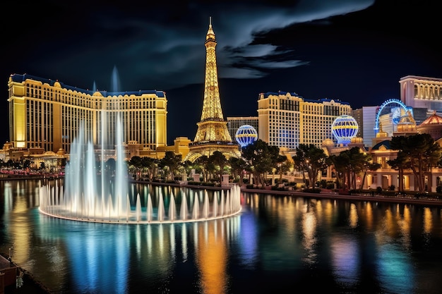 De afbeelding vangt de levendige lichten en bruisende energie van de iconische Las Vegas Strip 's nachts View of the Bellagio Fountains and The Strip in Las Vegas AI Generated