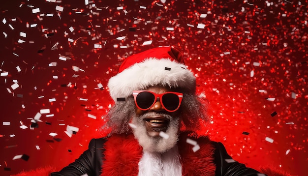 De Afro-etnische Kerstman wenst iedereen prettige kerstdagen met een bril en confetti-saluutvuurwerk