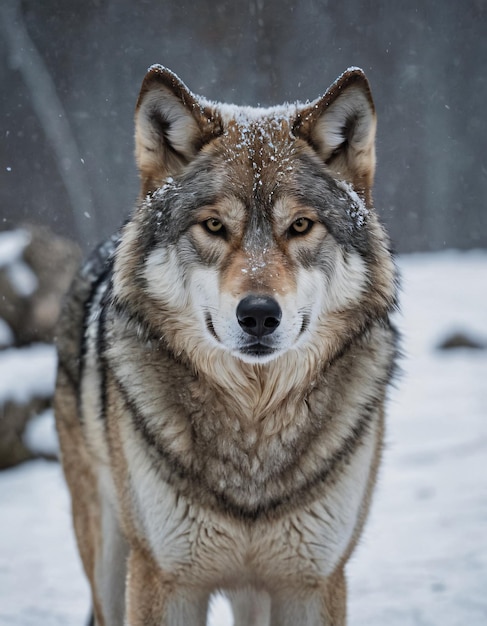 De Alpha-wolf te midden van vallende sneeuw