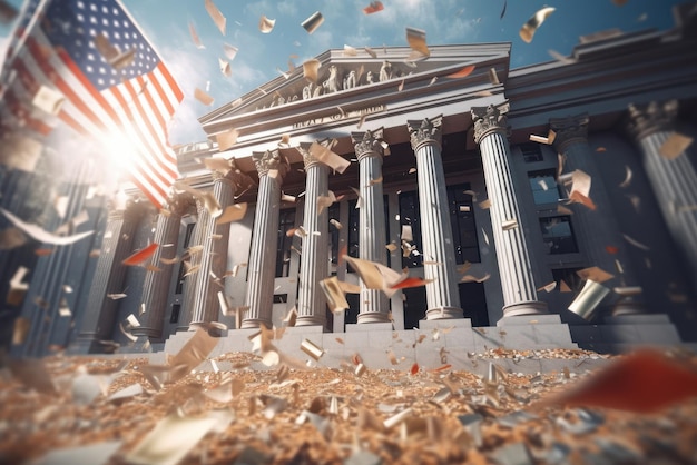 Foto de amerikaanse bank bouwt het instortende faillissement van een financiële instelling met stenen afbrokkelende voorraden