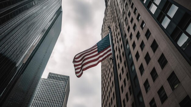 Foto de amerikaanse vlag op een vlaggenmast in de buurt van wolkenkrabbers onder een bewolkte hemel generatieve ai aig21