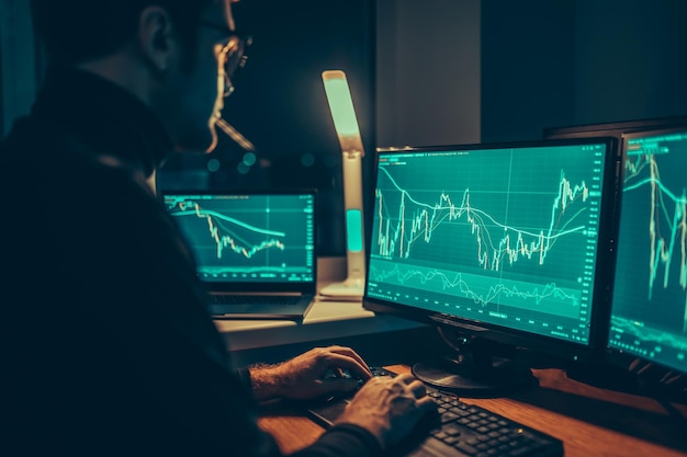 De analysator, een jonge volwassen man, zat aan zijn werkstation, omringd door computerschermen terwijl hij analyseerde