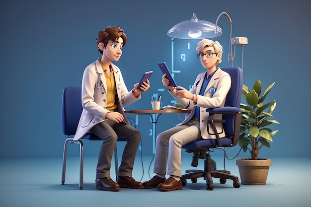 De arts communiceert met de patiënt via 3D-karakterillustratie van de mobiele telefoon