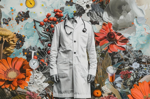 De artsen kunst collage op een achtergrond van bloemen en planten Een collage van hedendaagse kunst