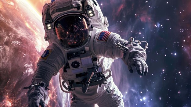 De astronaut houdt zich vast aan de rand van zijn helm. Hun lichaam hangt in zwaartekrachtloosheid terwijl ze kijken.