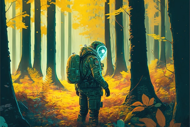 De astronaut midden in het herfstbos en kijkend naar het vreemde licht in zijn hand digitale kunststijl illustratie schilderij fantasieconcept van een astronaut als het bos