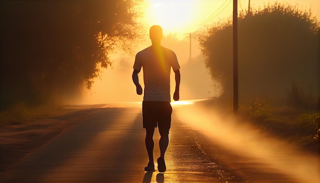 De atleet draait op asfalt bij zonsopgang Generatieve AI