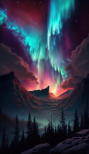 De aurora borealis is een prachtig schilderij van een berglandschap.