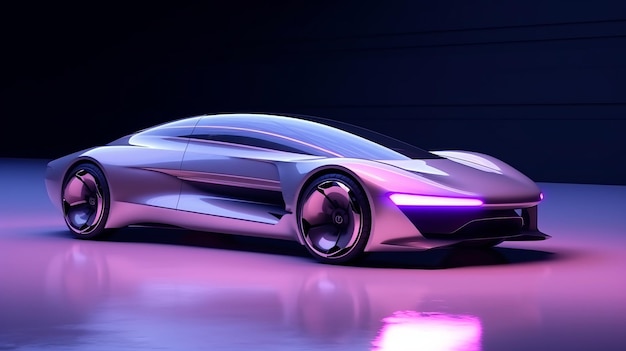 De auto in zachte lila kleur staat op het platform zijzicht Sportwagen futuristisch autonoom voertuig Generatieve AI