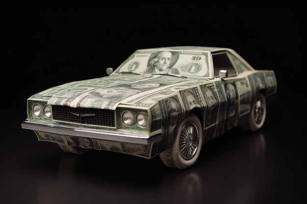 Foto de auto is gemaakt van dollarbiljetten origami auto gemaakt met geld concept om de kosten van het vervoer te laten zien