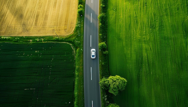 De auto rijdt langs een asfaltweg. Aan de ene kant is er een zonnebloemveld. Aan de andere kant een tarweveld.