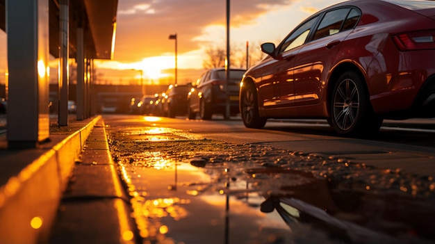 De auto wordt bij zonsondergang aan de kant van de weg geparkeerd. Het concept van transport AI gegenereerd