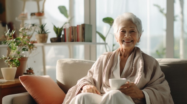 De Aziatische oude vrouw zit thuis en drinkt gelukkig koffie op de bank