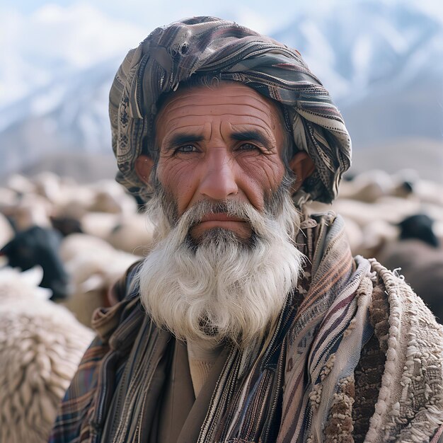 Foto de baarde afghaanse herder staat zelfverzekerd voor een grote kudde vee