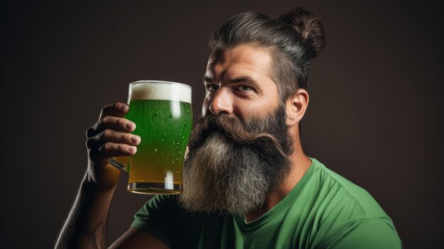 Foto de baarde man met een bun kapsel ziet er gefocust uit terwijl hij een groene bierkop vasthoudt hij straalt een gevoel van