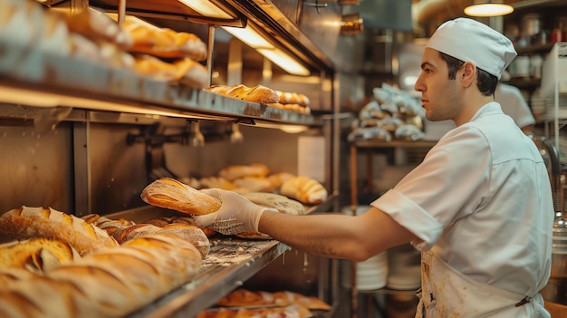 De bakker haalt voorzichtig vers brood uit de oven. De eigenaar van een klein bedrijf controleert zijn producten.