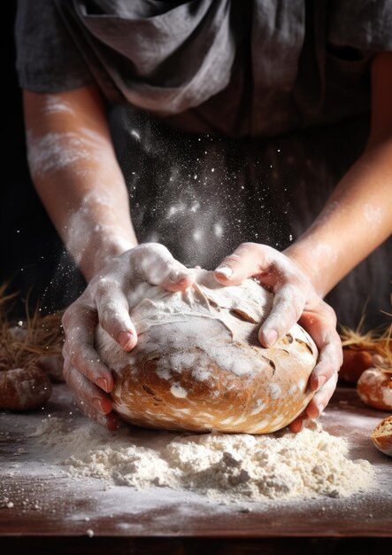 Foto de bakker maakt in de oven vers brood met zuurdesem met gemors van meel op de tafel.