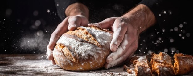 De bakker maakt in de oven vers brood met zuurdesem met meel.