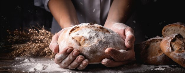 Foto de bakker maakt in de oven vers brood met zuurdesem met meel.