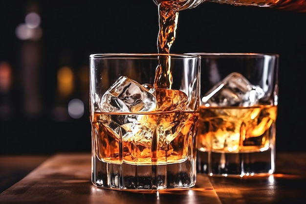 De barman giet whisky in een glas met ijs op de toog close-up Onscherpe achtergrond Elite alcoholische drank