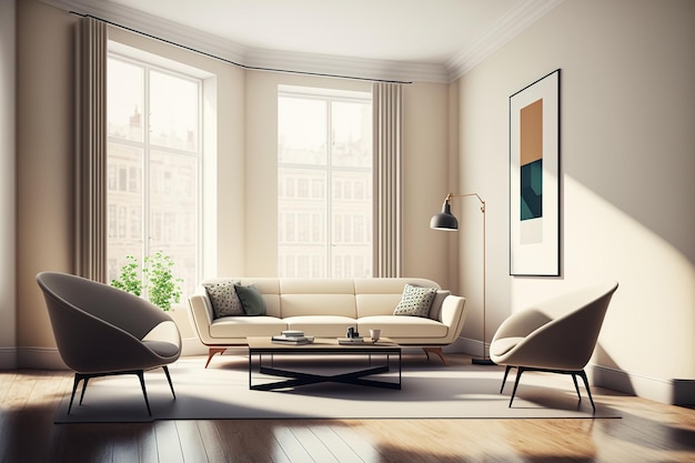 De beige woonkamer in een moderne hoek heeft een bank twee fauteuils en een salontafel Aan de muur een leeg spandoek een parketvloer