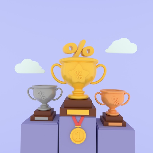 De bekers van de winnaars op een voetstuk, een symbool van succes en een 3D-weergave van de prijs op een paarse achtergrond