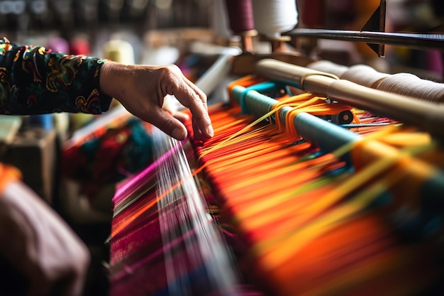 De bekwame handen van een textielarbeider die een weefmachine bedienen Generatieve AI