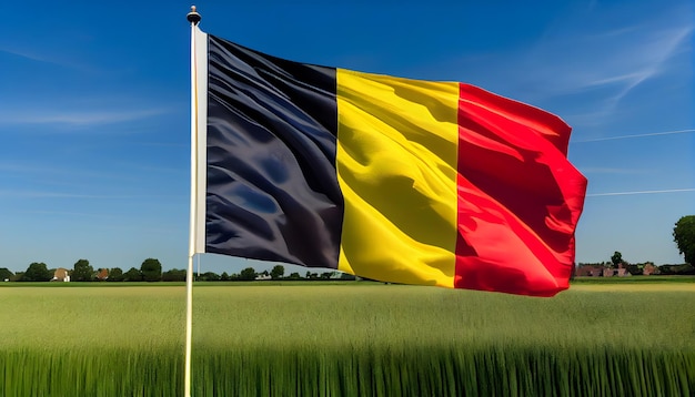 De Belgische vlag zwaait trots tegen een heldere blauwe hemel omringd door levendige groene velden en een zachte bries