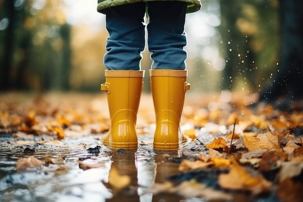 Foto de benen van een kind in gele rubberen laarzen lopen door plassen in de regen.