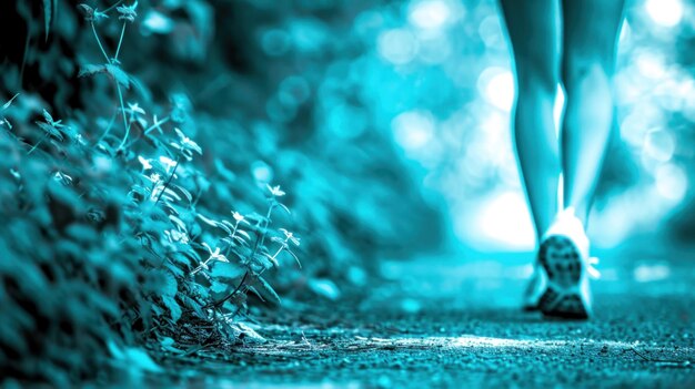 De benen van een vrouw lopen over een pad met planten.