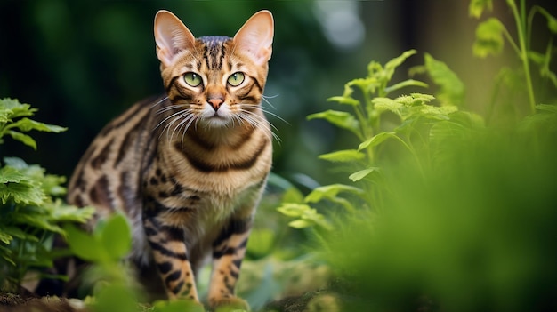 De Bengaalse kat, met zijn gevlekte vacht die doet denken aan een wilde luipaard, staat alert in een weelderige tuin.