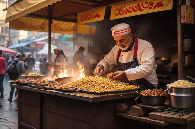 De bereiding van straatvoedsel in Istanboel kalkoenkorens en geroosterde kastanjes op straat in een kiosk