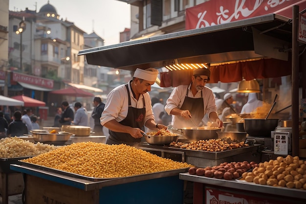 De bereiding van straatvoedsel in istanbul kalkoenkorrels en geroosterde kastanjes op straat in een kiosk