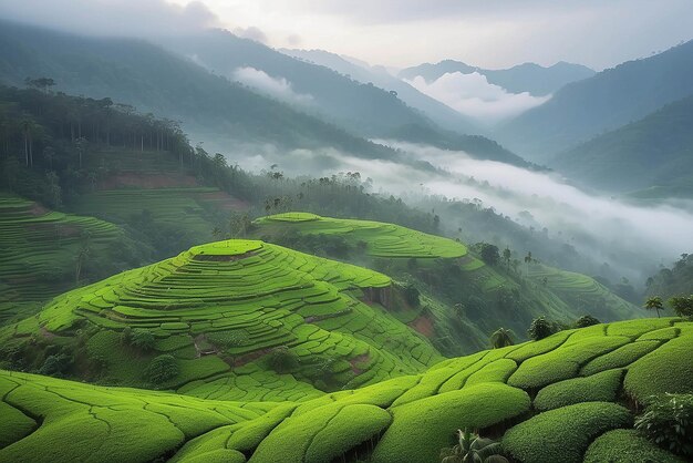 De bergen onder de mist in de ochtend Verbazingwekkend natuurlandschap vormt Kerala Gods eigen land Toerisme en reizen concept beeld Frisch en ontspannen type natuur beeld