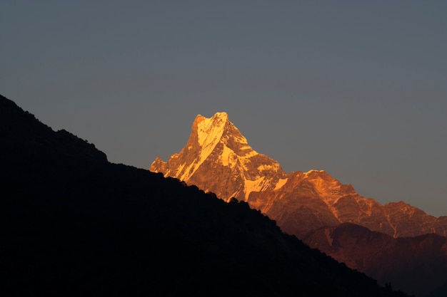 De bergpieken van de rots in Annapurna-bergketen met licht van zonsopgang, Nepal