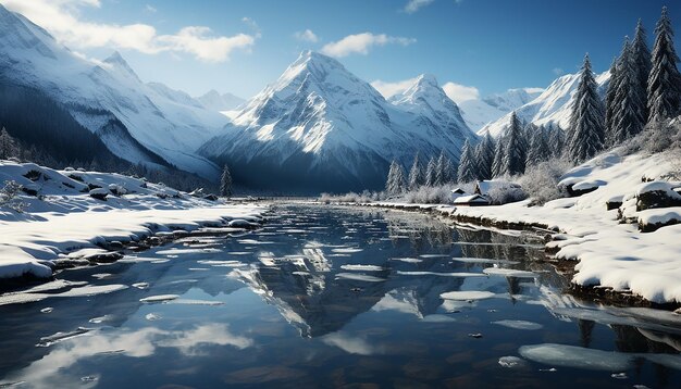 Foto de bergtop reflecteert in het rustige ijzige water en toont de winterschoonheid gegenereerd door ai.