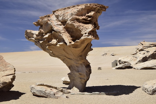 De beroemde rotsformatie Arbol de Piedra in de Siloli-woestijn in de regio van de zoutvlakte van Uyuni