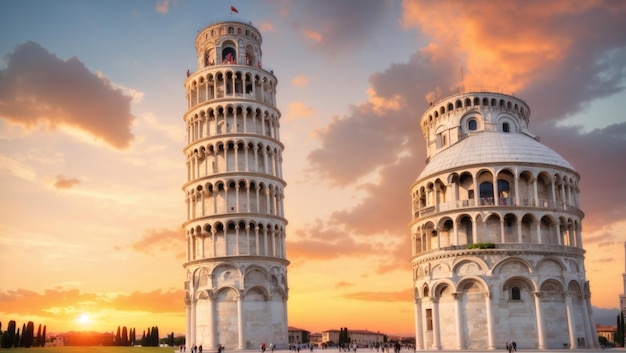 Foto de beroemde scheve toren prachtige zonsondergang in pisa italië