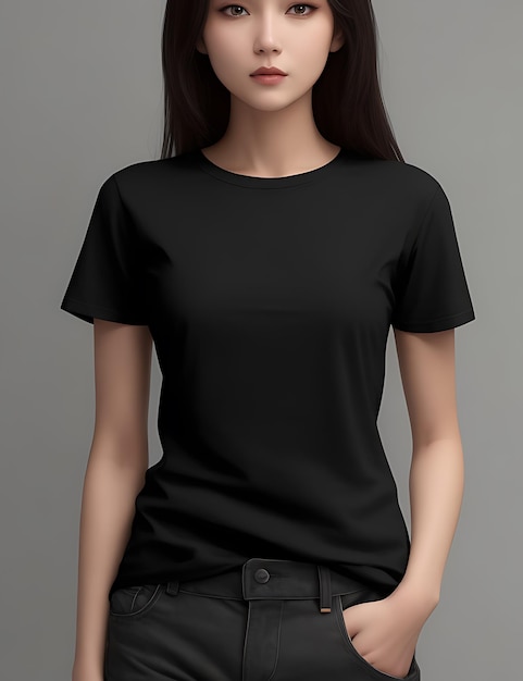 De Beste Zwarte Blank T-Shirt Vrouw Model Front View Mockup