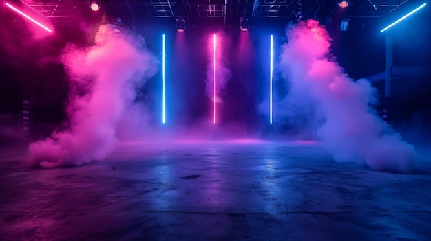 De betonnen vloer en studio kamer met rook zweefde de texturen om een nachtelijk uitzicht te creëren voor het tonen van producten stadion arena lichten rook bommen lege donkere scène neon licht schijnwerpers