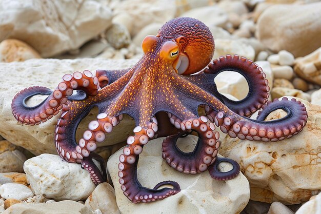 De betoverende octopus camoufleert zich tussen de rotsen