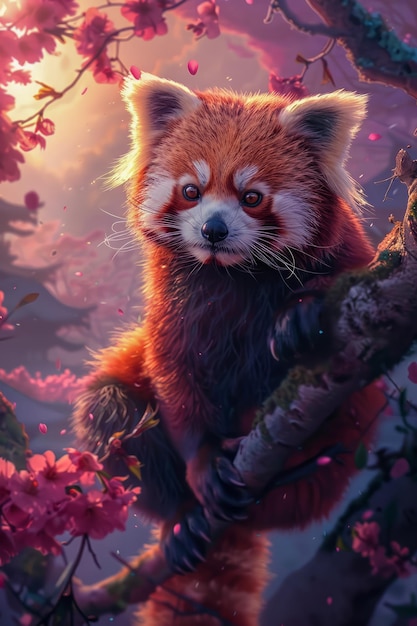 De betoverende rode panda in een magisch bloeiend kersenbos in de schemering