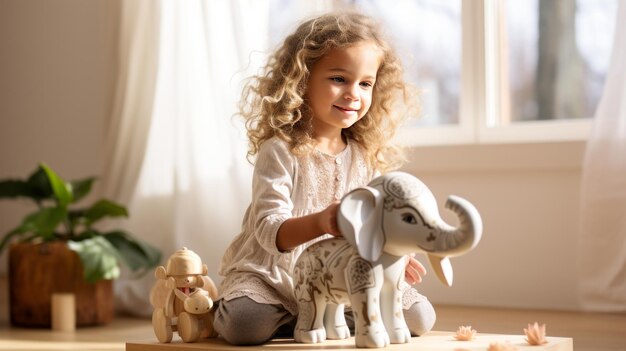 De betoverende speeltijd Een kleine prinses rijdt op een houten olifant speelgoed in de speelkamer