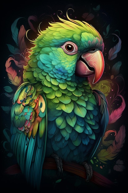 De betoverende wereld van de kleine papegaai Een digitaal komisch schilderij in levendige contrasterende kleuren