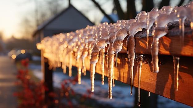 Foto de betoverende wereld van ijsjes terwijl ze sierlijk van daken en boomtakken hangen de delicate schoonheid van de bevroren kunst van de natuur die de essentie van de betovering van de winter vastlegt