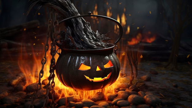 De bezemsteel en de ketel van de heks van Halloween