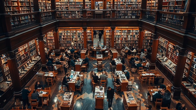 Foto de bibliotheek zit vol met boeken en de bibliotheek staat vol met mensen.