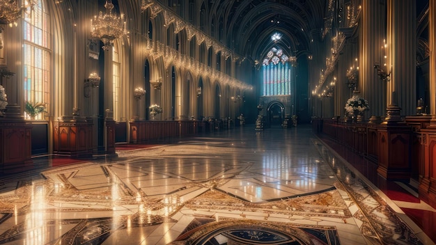 De binnenkant van een kerk met een groot glas-in-loodraam en een grote kroonluchter.